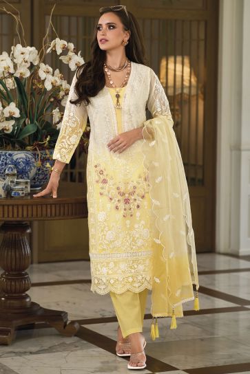Organza Fabric Embroidered Readymade Designer Straight Cut Salwar Kameez In Yellow Color