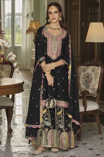 Black Color Embroidered Work On Mesmeric Readymade Sharara Top Lehenga In Chinon Fabric