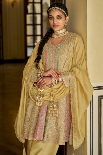 Radiant Beige Color Chinon Fabric Readymade Patiala Suit With Embroidered Work