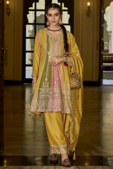Chinon Fabric Blazing Yellow Color Embroidered Readymade Salwar Suit
