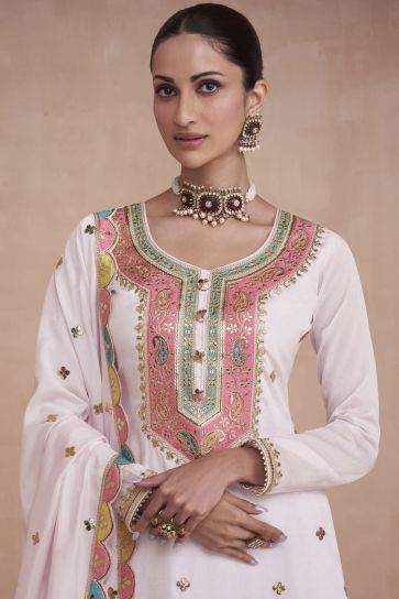 Diksha Singh Art Silk Fabric White Color Ingenious Readymade Sharara Top Lehenga