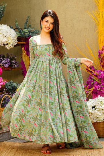 Muslin Fabric Festival Wear Mesmeric Gown With Dupatta In Sea Green Color