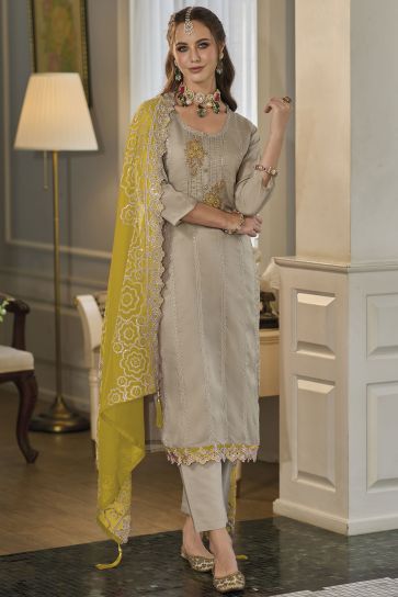 Exclusive Dark Beige Color Readymade Salwar Suit In Organza Fabric