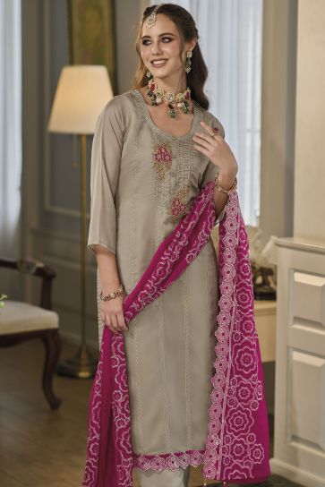 Dark Beige Color Exquisite Readymade Salwar Suit In Organza Fabric