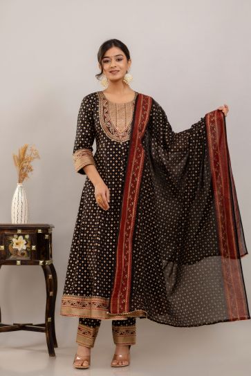 Black Color Rayon Readymade Salwar Suit with Dazzling Printed Work