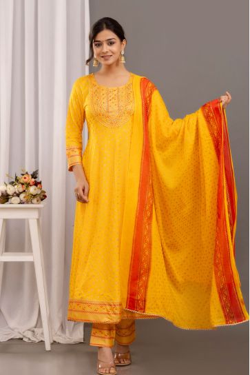 Gorgeous Printed Work Rayon Readymade Salwar Suit In Yellow Color