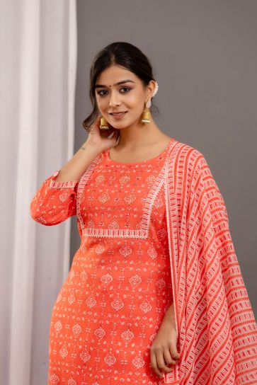 Captivate Printed Work Peach Color Rayon Readymade Salwar Suit