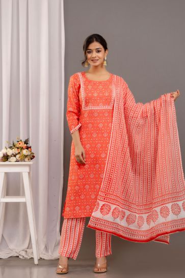 Captivate Printed Work Peach Color Rayon Readymade Salwar Suit