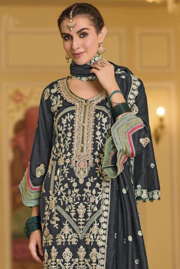 Beautiful Party Style Black Color Art Silk Fabric Readymade Salwar Suit