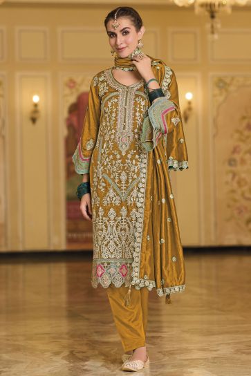 Party Look Mustard Color Art Silk Fabric Glorious Readymade Salwar Suit