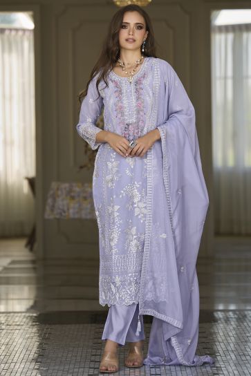 Embroidered Work On Lavender Color Aristocratic Organza Fabric Readymade Salwar Suit