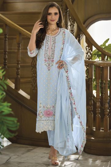 Embroidered Work On Flamboyant Organza Fabric Readymade Salwar Suit In Light Cyan Color