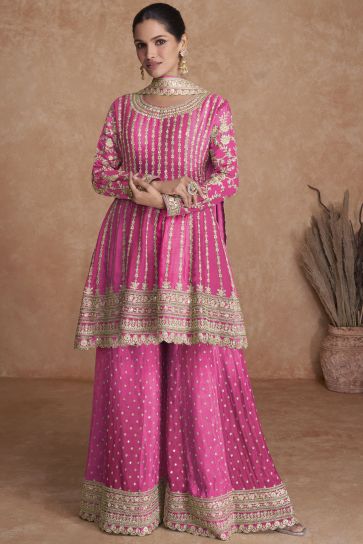 Vartika Singh Sangeet Wear Pink Color Aristocratic Chinon Readymade Sharara Suit