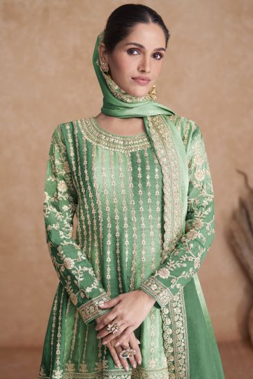 Vartika Singh Imperial Green Color Chinon Readymade Sharara Suit In Sangeet Wear