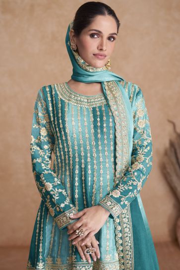 Vartika Singh Sangeet Wear Flamboyant Chinon Readymade Sharara Suit In Cyan Color