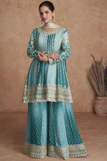 Vartika Singh Sangeet Wear Flamboyant Chinon Readymade Sharara Suit In Cyan Color