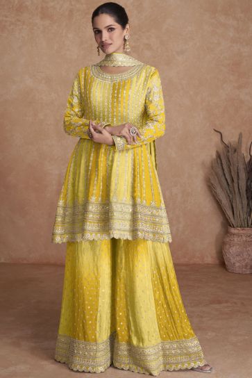 Vartika Singh Yellow Color Fantastic Chinon Readymade Sharara Suit In Sangeet Wear