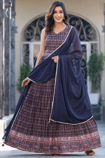 Navy Blue Color Exquisite Digital Printed Readymade Gown With Dupatta In Dola Silk Fabric