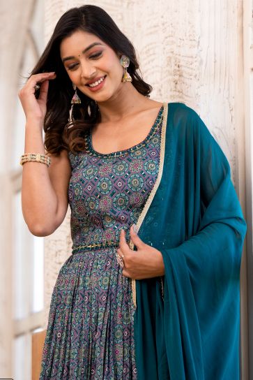 Attractive Dola Silk Fabric Teal Color Readymade Digital Printed Gown With Dupatta