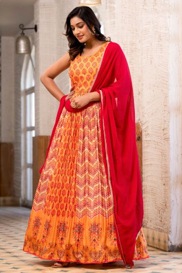 Dola Silk Fabric Digital Printed Orange Color Amazing Readymade Gown With Dupatta