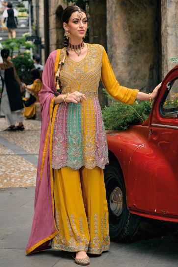 Chinon Fabric Mustard Color Supreme Function Wear Palazzo Suit