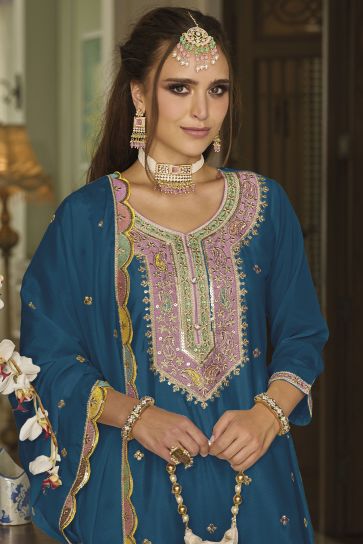 Teal Color Chinon Fabric Beautiful Palazzo Suit With Embroidered Work