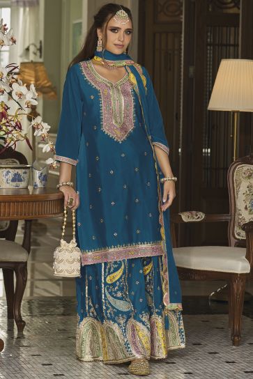 Teal Color Chinon Fabric Beautiful Palazzo Suit With Embroidered Work