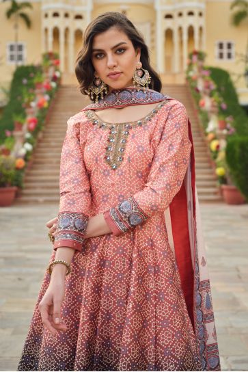 Silk Fabric Peach Color Supreme Readymade Gown With Dupatta