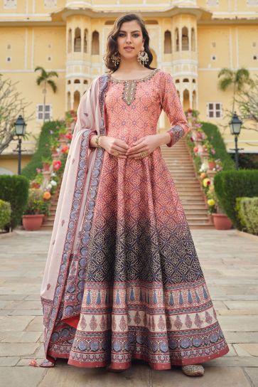 Silk Fabric Peach Color Supreme Readymade Gown With Dupatta