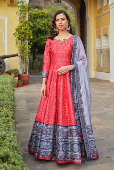 Excellent Silk Fabric Red Color Bright Readymade Gown With Dupatta