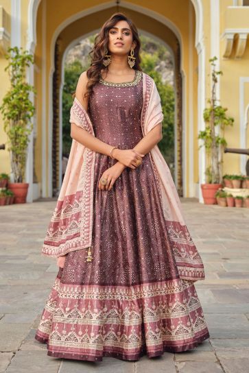 Brown Color Silk Fabric Elegant Readymade Gown With Dupatta
