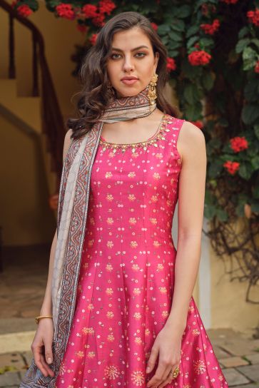 Pink Color Silk Fabric Tempting Readymade Gown With Dupatta