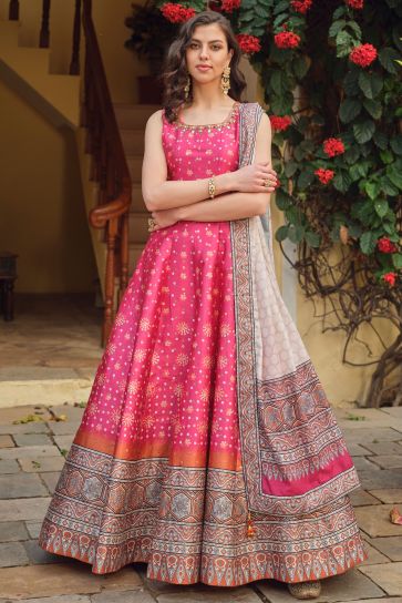 Pink Color Silk Fabric Tempting Readymade Gown With Dupatta
