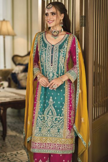 Art Silk Fabric Cyan Color Fantastic Embroidered Readymade Palazzo Suit