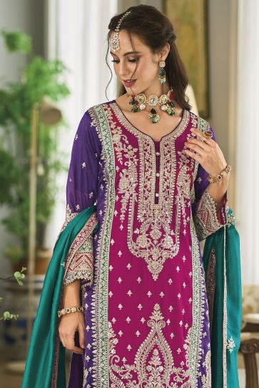 Art Silk Fabric Rani Color Graceful Embroidered Readymade Palazzo Suit