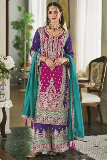 Art Silk Fabric Rani Color Graceful Embroidered Readymade Palazzo Suit