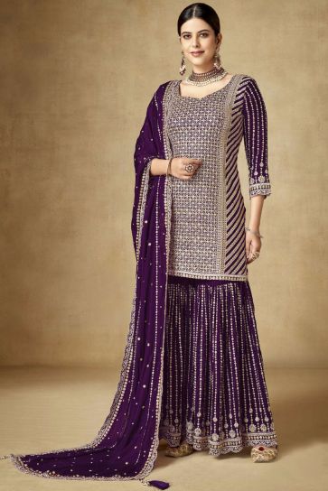Purple Color Chinon Fabric Enticing Embroidered Palazzo Suit
