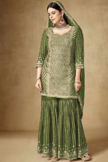 Chinon Fabric Green Color Graceful Embroidered Palazzo Suit