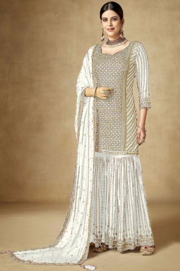 Traditional Embroidered White Color Palazzo Suit In Chinon Fabric