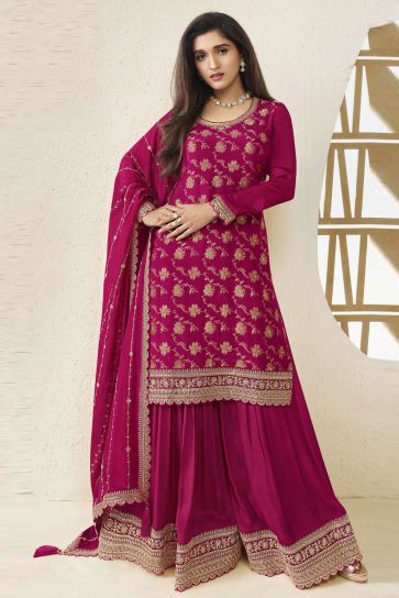 Nidhi shah Rani Color Viscose Fabric Enticing Jacquard Weaving Palazzo Suit