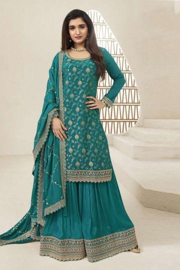 Nidhi shah Viscose Fabric Sea Green Color Elegant Jacquard Weaving Palazzo Suit
