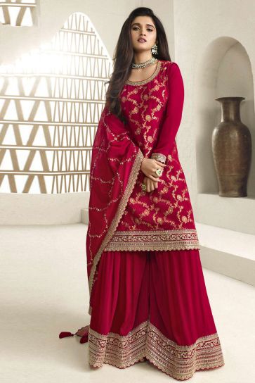 Nidhi shah Red Color Viscose Fabric Ravishing Jacquard Weaving Palazzo Suit