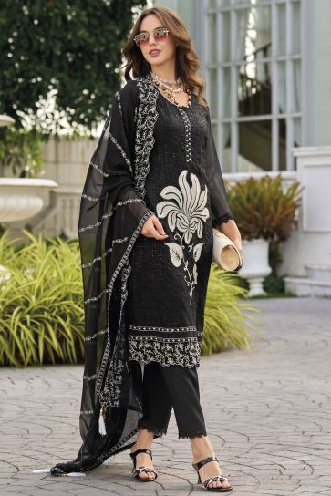 Organza Fabric Wondrous Readymade Salwar Suit In Black Color