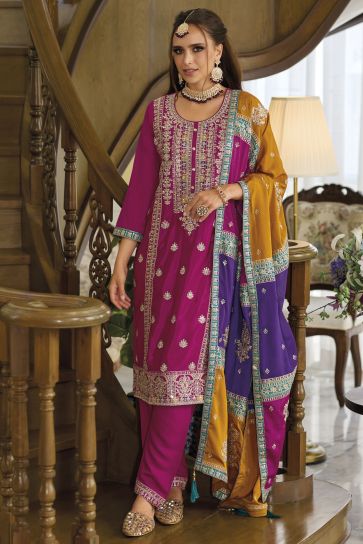 Rani Color Exquisite Embroidered Work Readymade Salwar Suit In Chinon Fabric