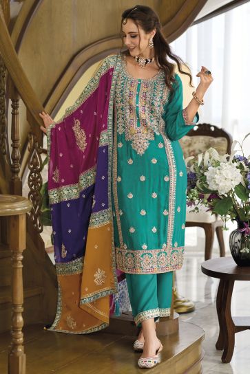 Attractive Chinon Fabric Cyan Color Readymade Salwar Suit With Embroidered Work