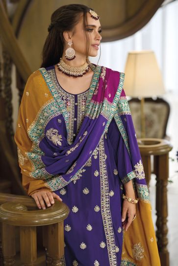 Chinon Fabric Embroidered Work On Purple Color Amazing Readymade Salwar Suit