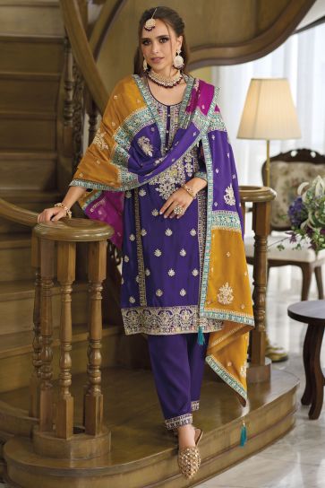 Chinon Fabric Embroidered Work On Purple Color Amazing Readymade Salwar Suit