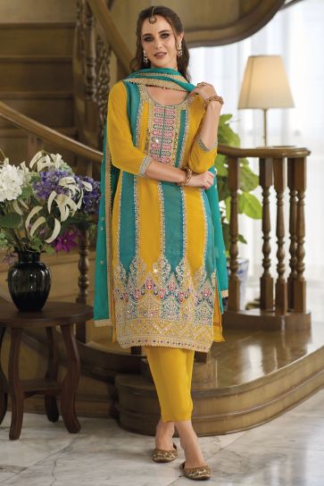 Graceful Function Wear Yellow Color Organza Fabric Readymade Salwar Suit
