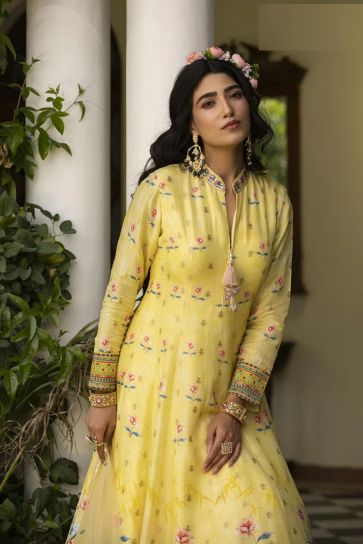 Gorgeous Jacquard Fabric Yellow Color Printed Gown With Dupatta