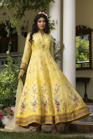 Gorgeous Jacquard Fabric Yellow Color Printed Gown With Dupatta